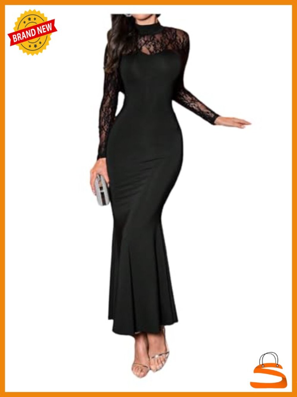 Lace Fishtail Bodycon Maxi Dress Long Sleeve Mock Neck Formal Cocktail